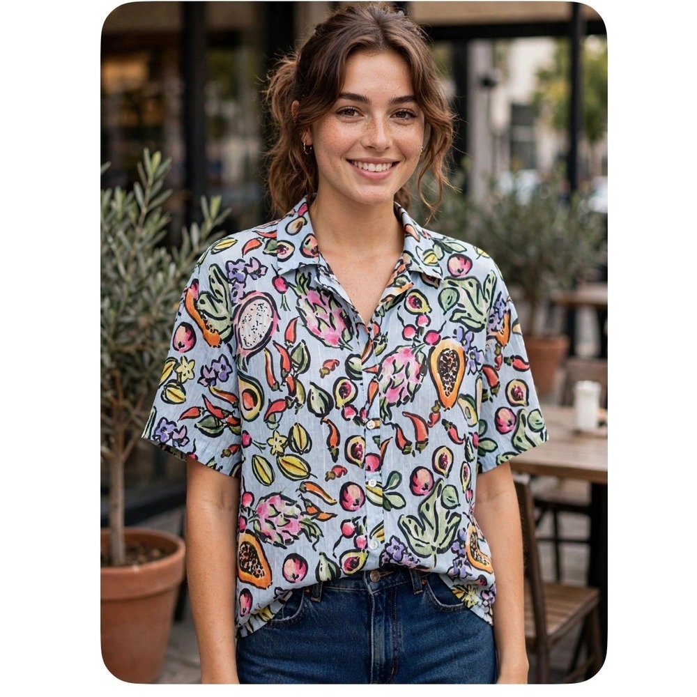 Zara Tropical Fruit Print Short Sleeve Button Down Shirt Blue Large